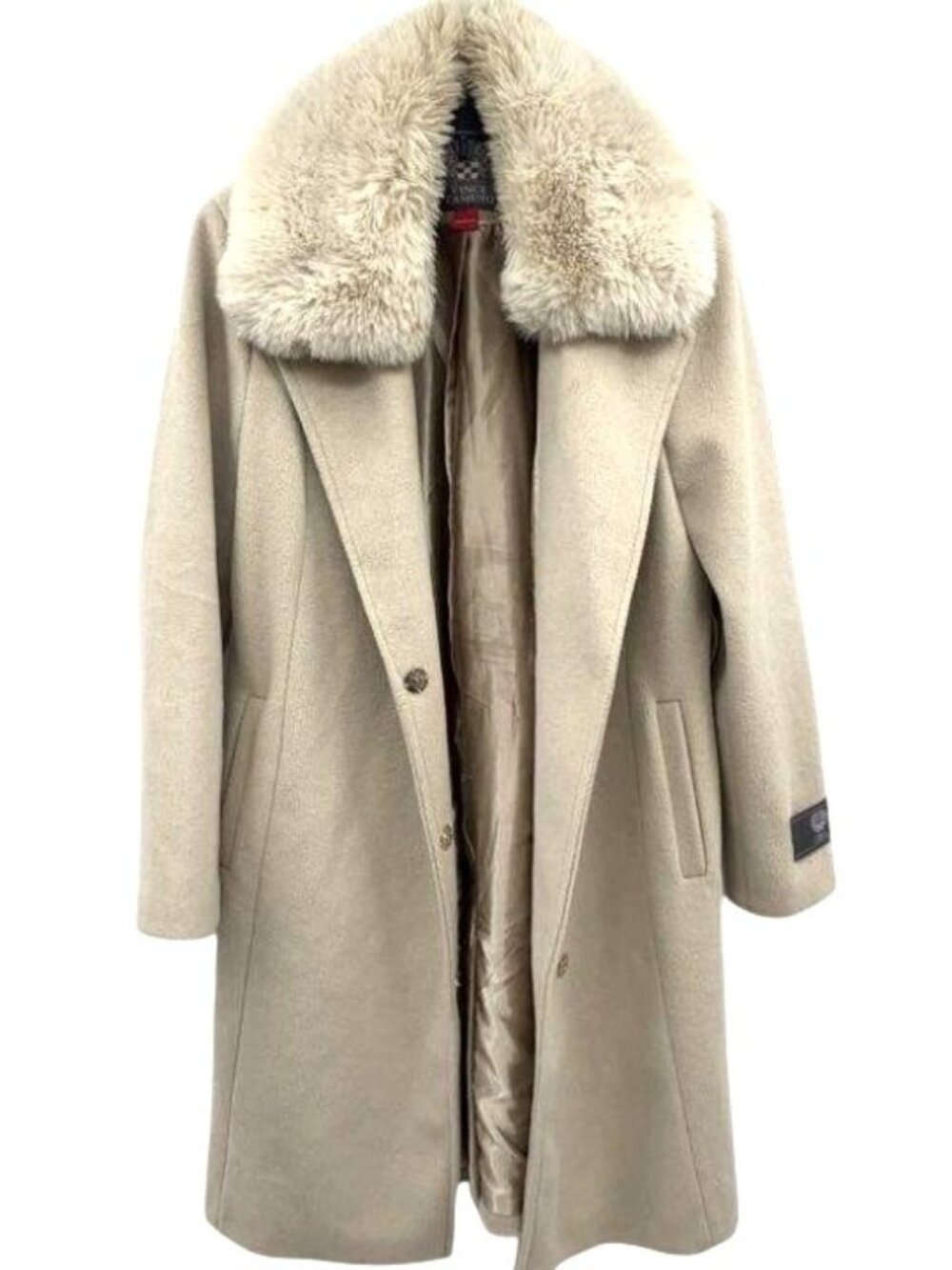 Vince Camuto Double Breasted Beige Faux Fur Collar Wool Blend Long Coat Size L